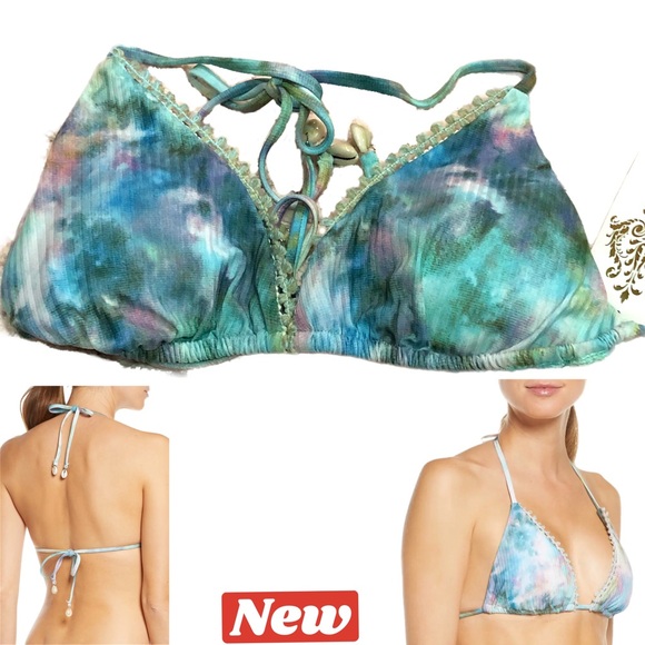 👇🏽5️⃣8️⃣%‼️🆕 Becca Crystal Lake Bikini Top Blue print w/ Shell embellishments - Picture 1 of 17